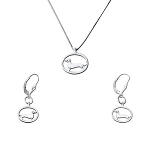 Dachshund Necklace and Dangle Earrings SET - Silver |Line Oval - WeeShopyDog