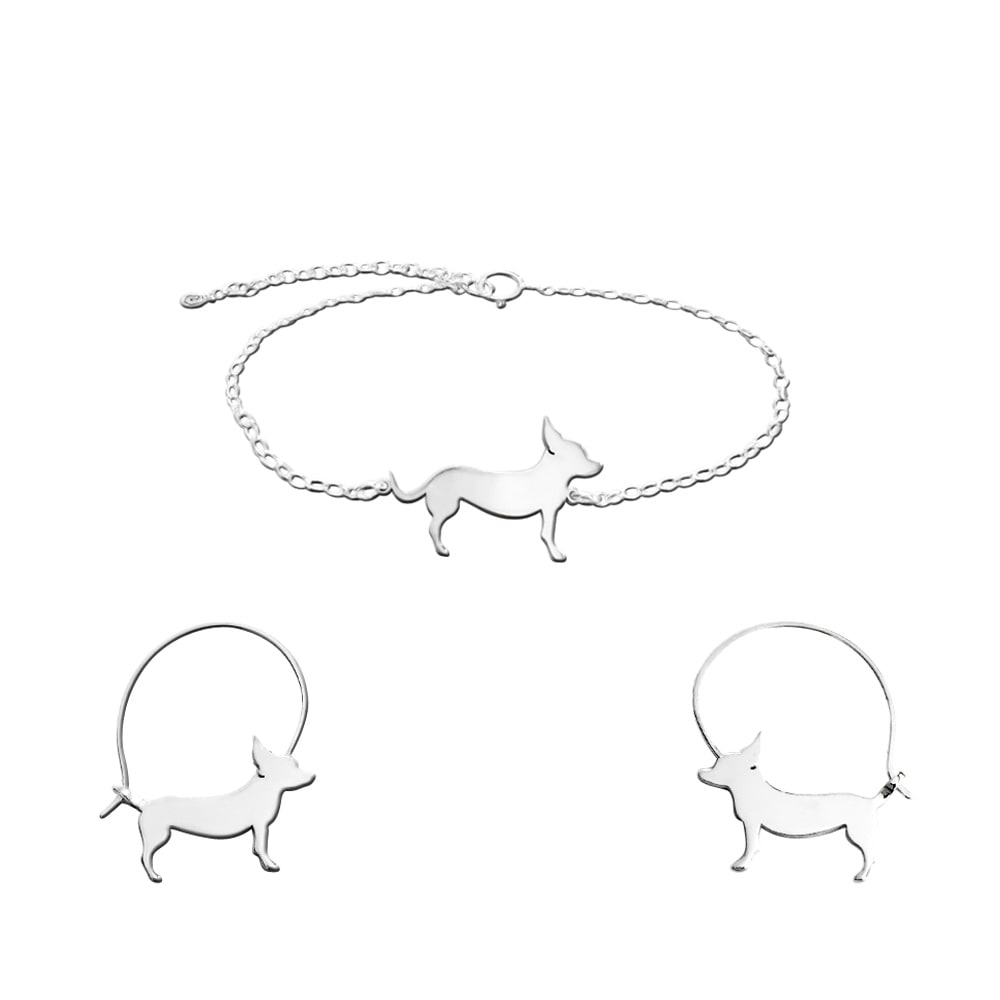 Chihuahua Bracelet and Hoop Earrings SET - Silver/14K Gold-Plated |Line