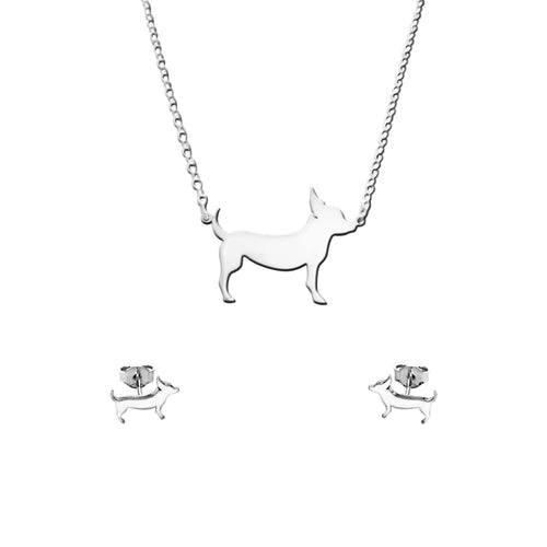 Chihuahua Necklace and Stud Earrings SET - Silver |Line - WeeShopyDog