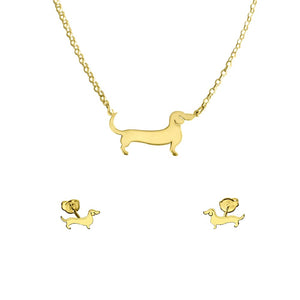Dachshund Necklace and Stud Earrings SET - Silver/14K Gold-Plated |Line - WeeShopyDog