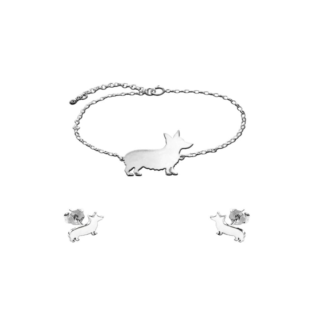 Corgi Bracelet and Stud Earrings SET - Silver/14K Gold-Plated |Line - WeeShopyDog