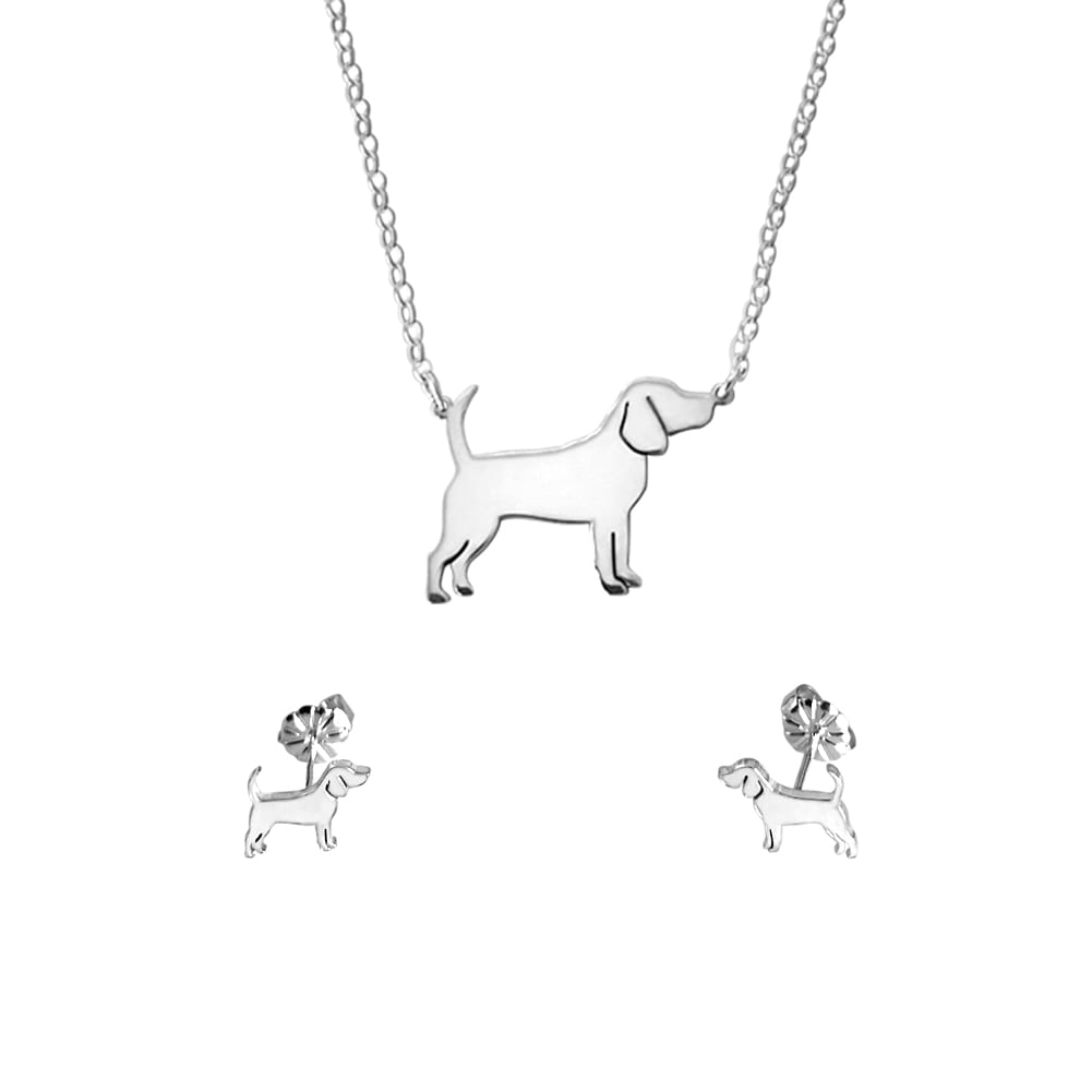 Beagle Necklace and Stud Earrings SET - Silver/14K Gold-Plated |Line - WeeShopyDog
