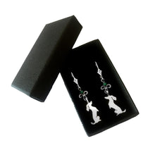 Load image into Gallery viewer, Dachshund Dangle Leverback Earrings - Silver Turquoise |Sit-up - WeeShopyDog
