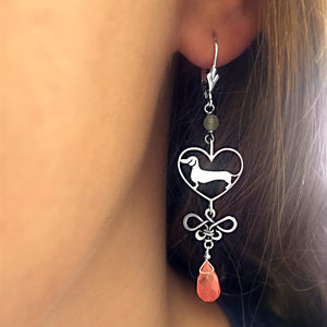 Dachshund Dangle Earrings - Silver and Cherry Quartz |Line Heart - WeeShopyDog