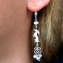 Load image into Gallery viewer, Dachshund Dangle Earrings - Silver and Moonstone - WeeShopyDog
