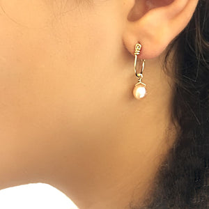 Boho Light - 14K Gold Filled and Pink Pearl - Dangle Stud Hoop Earrings - WeeShopyDog