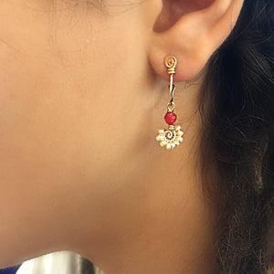 Boho Spiral - 14K Gold Filled Red painted Jade and Pearls - Dangle Stud Hoop Earrings - WeeShopyDog