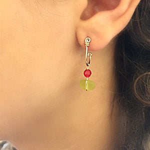 Boho Light - 14K Gold Filled Serpentine and Red Painted Jade - Dangle Stud Hoop Earrings - WeeShopyDog