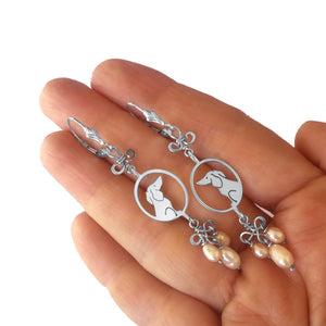 Dachshund Dangle Earrings - Silver and Pink Pearls |Image - WeeShopyDog