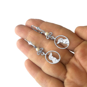 Dachshund Dangle Earrings - Silver and Pearl |Image - WeeShopyDog