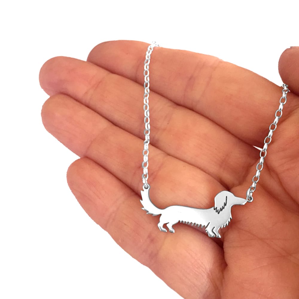 Long Haired Dachshund Earrings and Necklace Set - Silver Dachshund