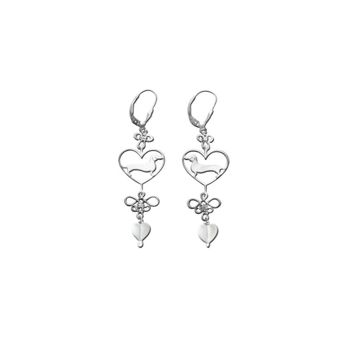 Dachshund Dangle Earrings - Silver and Heart Glass |Line Heart - WeeShopyDog