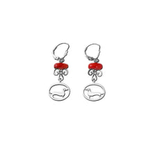 Load image into Gallery viewer, Dachshund Dangle Leverback Earrings - Silver and Coral |Line Oval - WeeShopyDog
