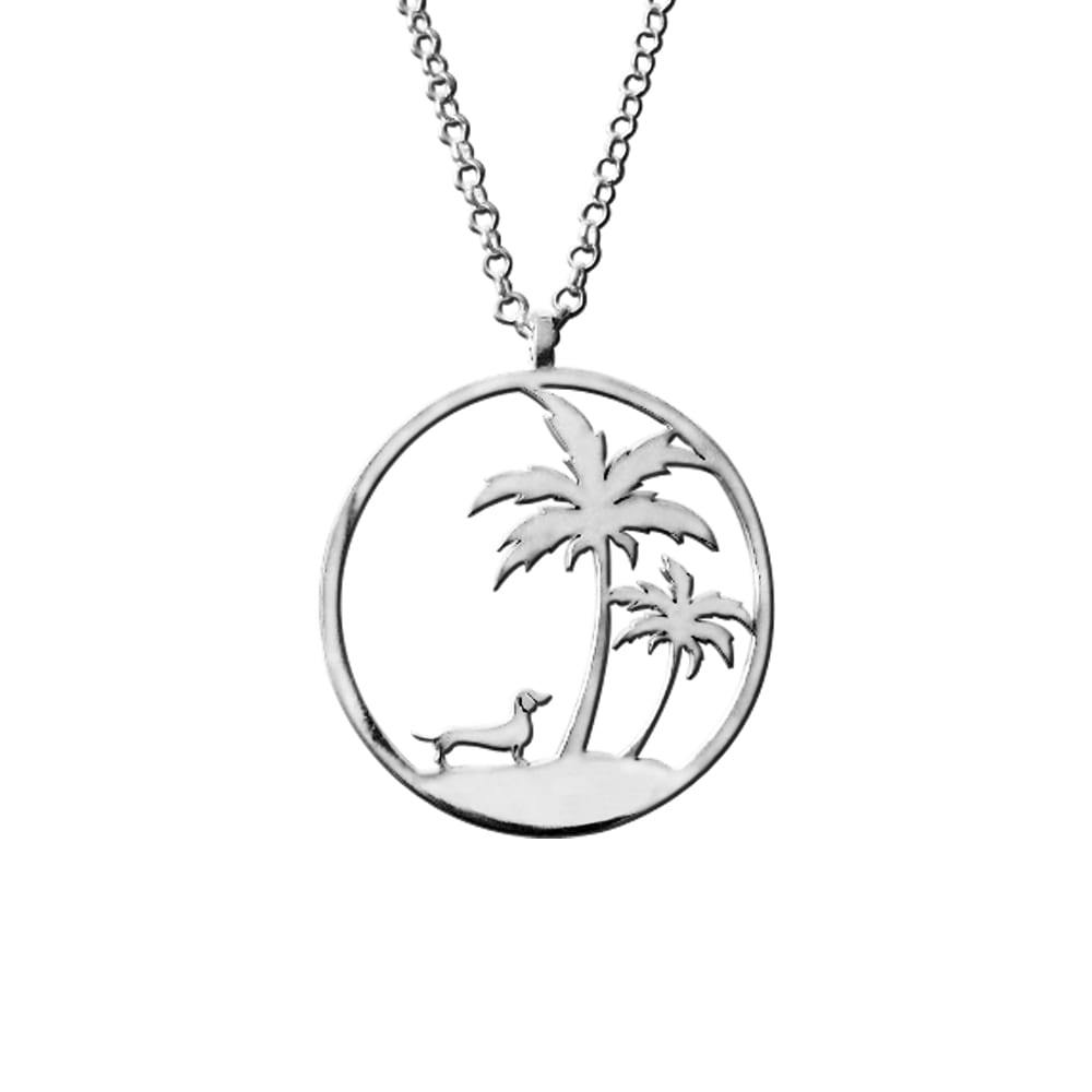 Dachshund Palm Tree Pendant Necklace - Silver/14K Gold-Plated - WeeShopyDog