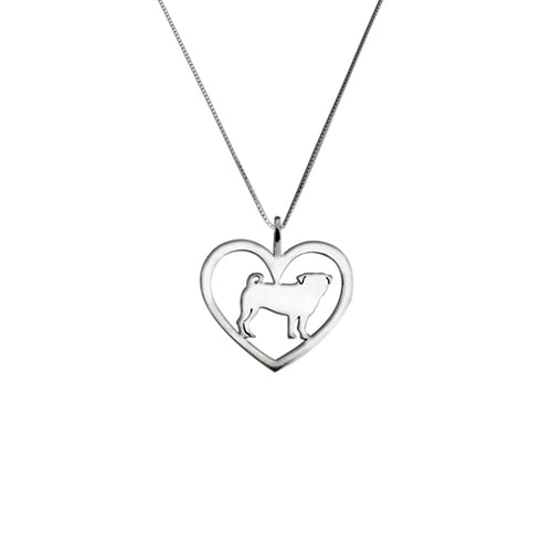 Pug Necklace - Silver Heart Pendant - WeeShopyDog