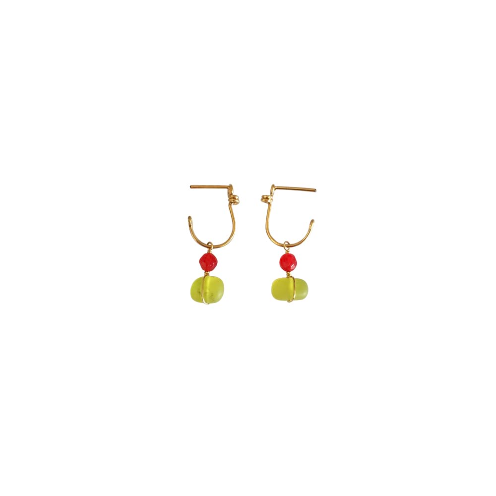 Boho Light - 14K Gold Filled Serpentine and Red Painted Jade - Dangle Stud Hoop Earrings - WeeShopyDog