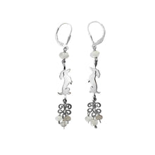 Load image into Gallery viewer, Dachshund Dangle Earrings - Silver and Moonstone - WeeShopyDog
