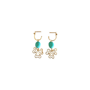 Boho Clover - 14K Gold Filled and Turquoise - Dangle Stud Hoop Earrings - WeeShopyDog